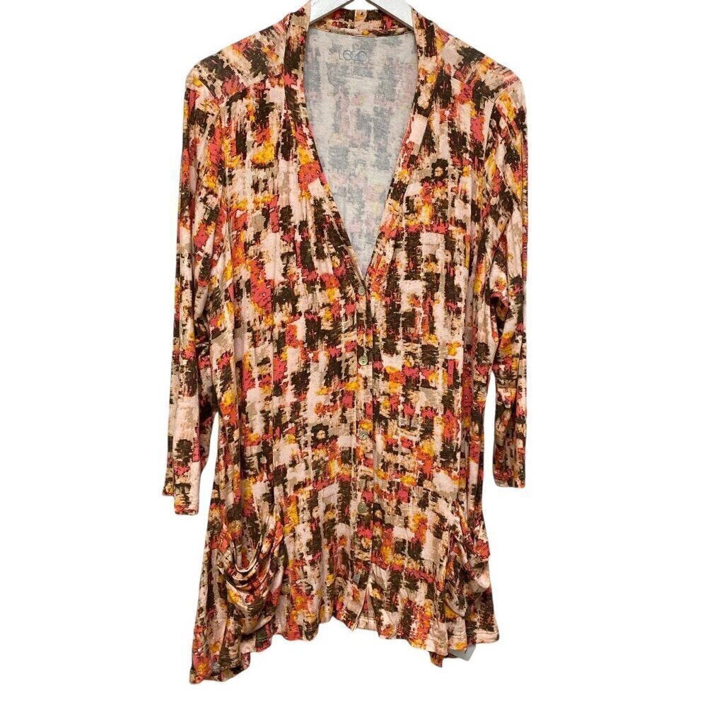 LOGO Lori Goldstein Cardigan Plus Size 1X Tunic Top V-neck Boho Orange Print Ray